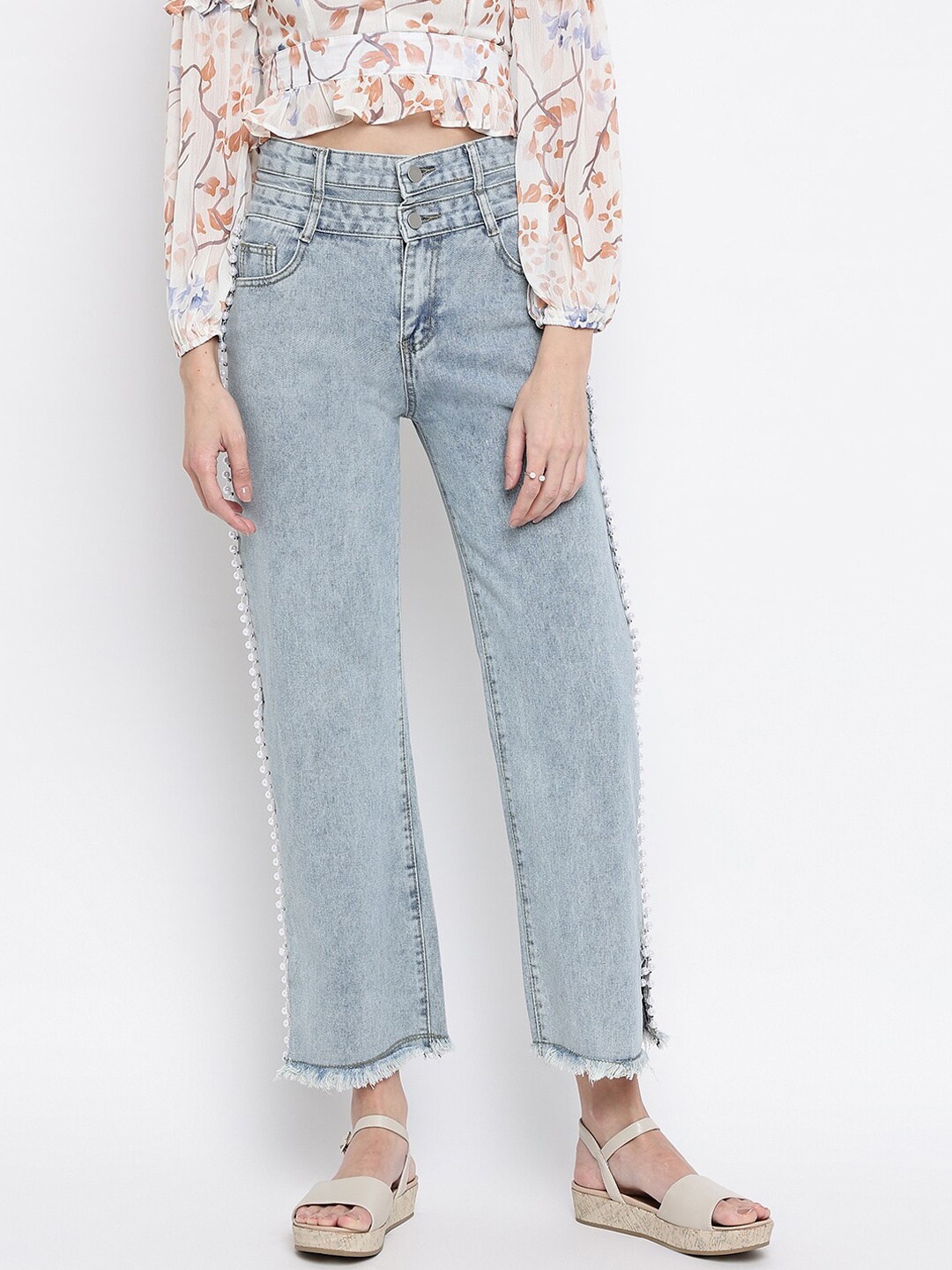 

iki chic Women Pearl Detail Wide Leg Pure Cotton Jeans, Blue