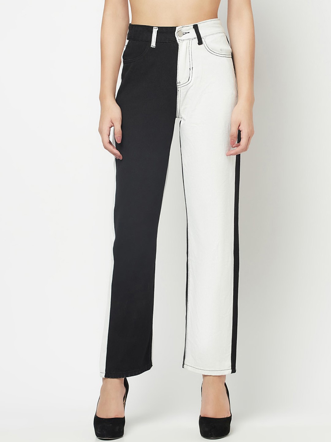 

iki chic Women High-Rise Double Shade Pure Cotton Jeans, Black