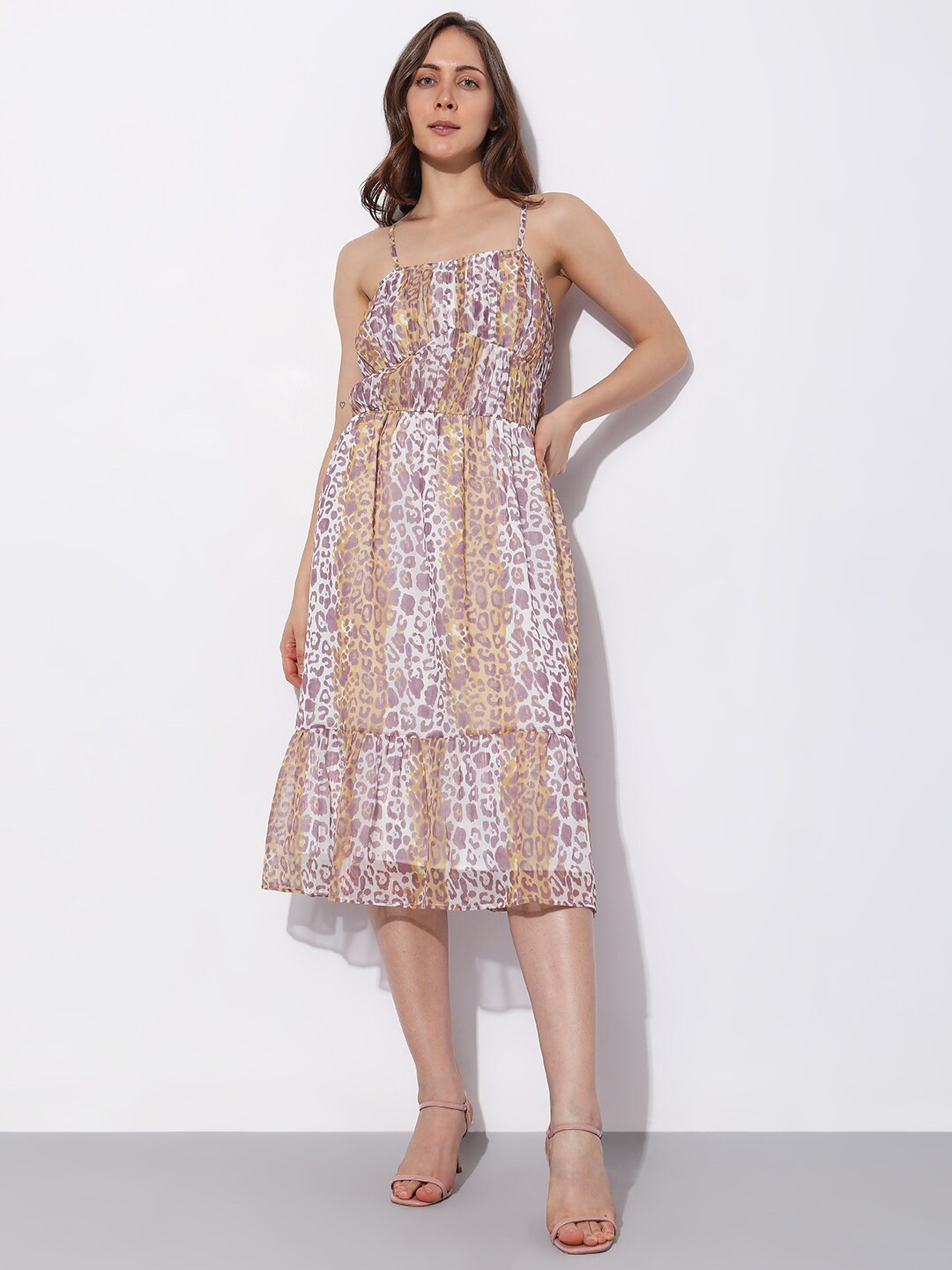 

Vero Moda Shoulder Straps Printed A-Line Dress, Brown
