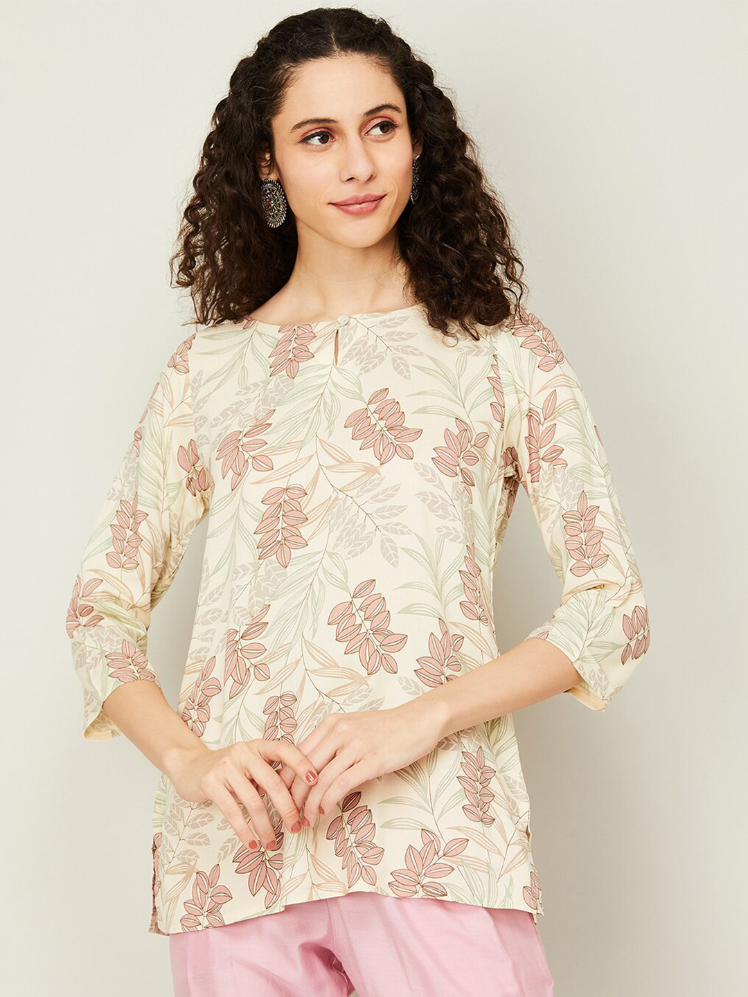 

Melange by Lifestyle Floral Printed Keyhole Neck Kurti, Beige
