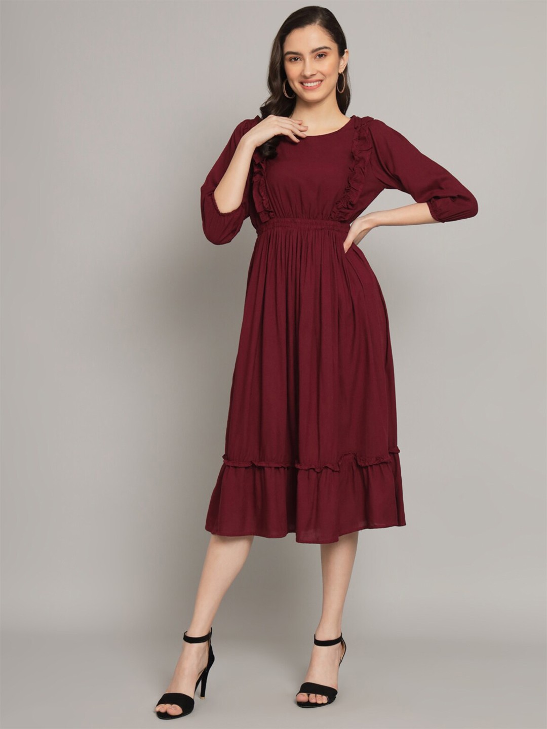 

Vastralay Puff Sleeves Gathered Fit & Flare Midi Dress, Burgundy