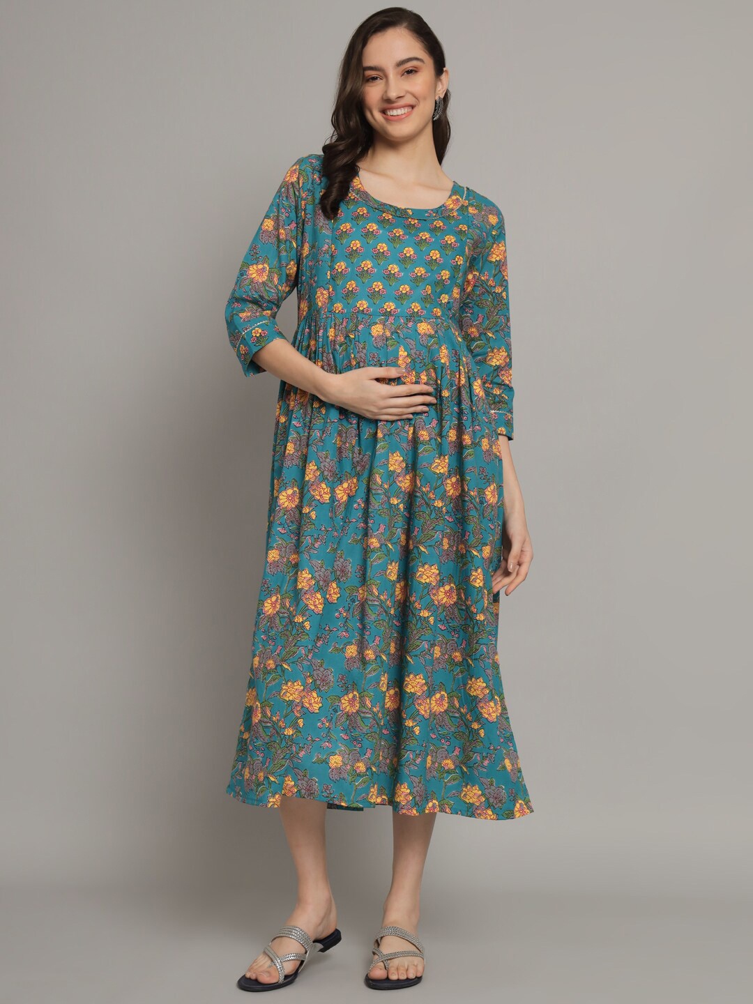 

Vastralay Floral Printed Maternity Cotton Fit & Flare Midi Dress, Turquoise blue