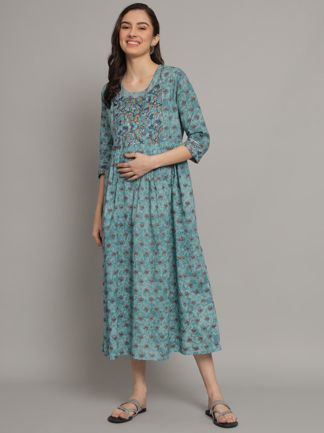 

Vastralay Floral Maternity A-Line Midi Ethnic Dress, Blue