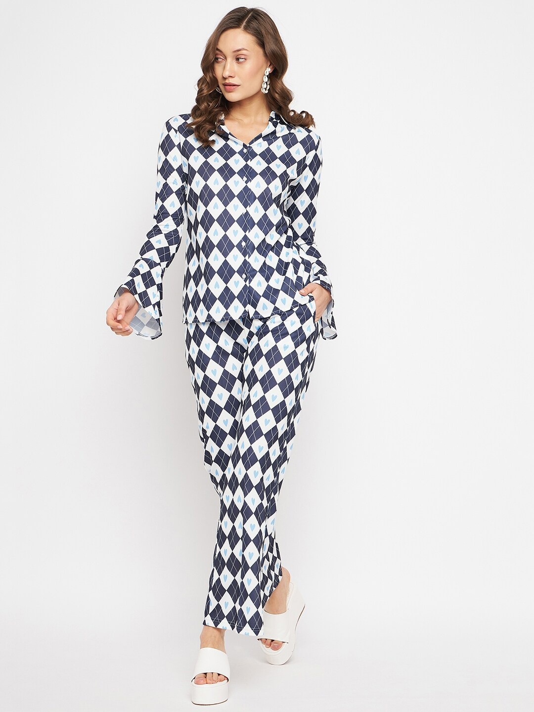 

Orchid Blues Checked Bell Sleeves Shirt with Trousers, Blue