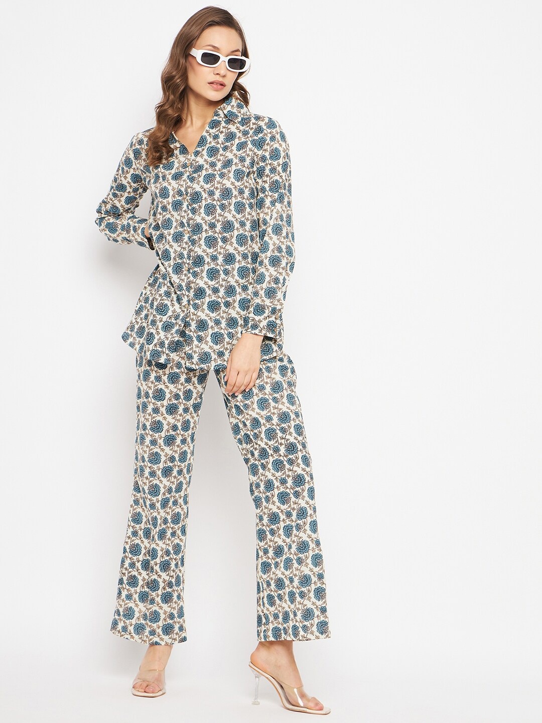 

Orchid Blues Floral Printed Pure Cotton Shirt with Trouser Co-Ord Set, White