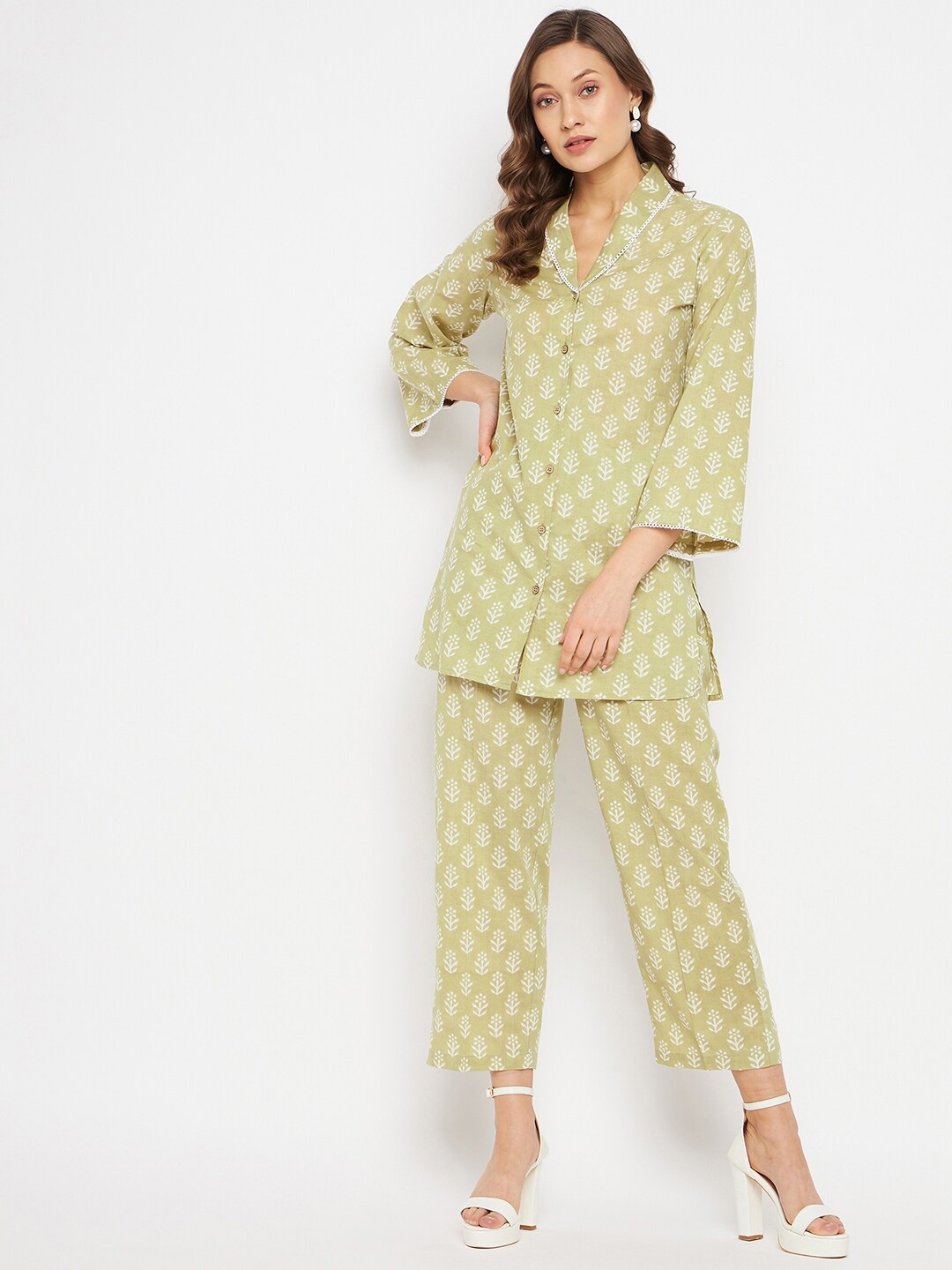 

Orchid Blues Ethnic Motifs Printed Pure Cotton Shirt with Trousers, Green