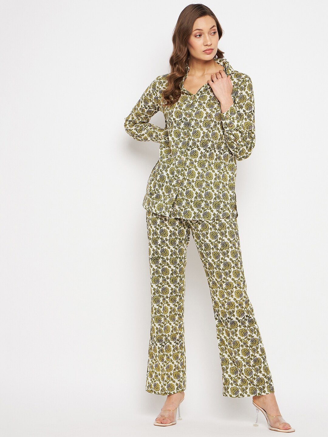 

Orchid Blues Women Printed Pure Cotton Shirt with Trousers, White