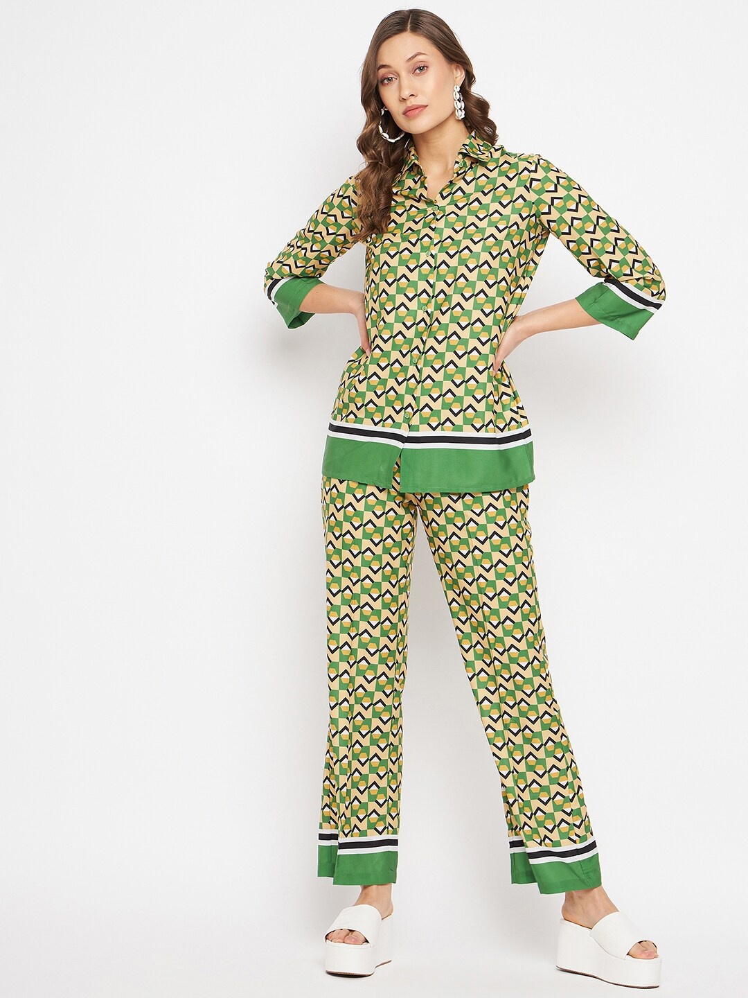 

Orchid Blues Geometric Printed Spread Collar Shirt with Trouser Co-Ord Set, Green