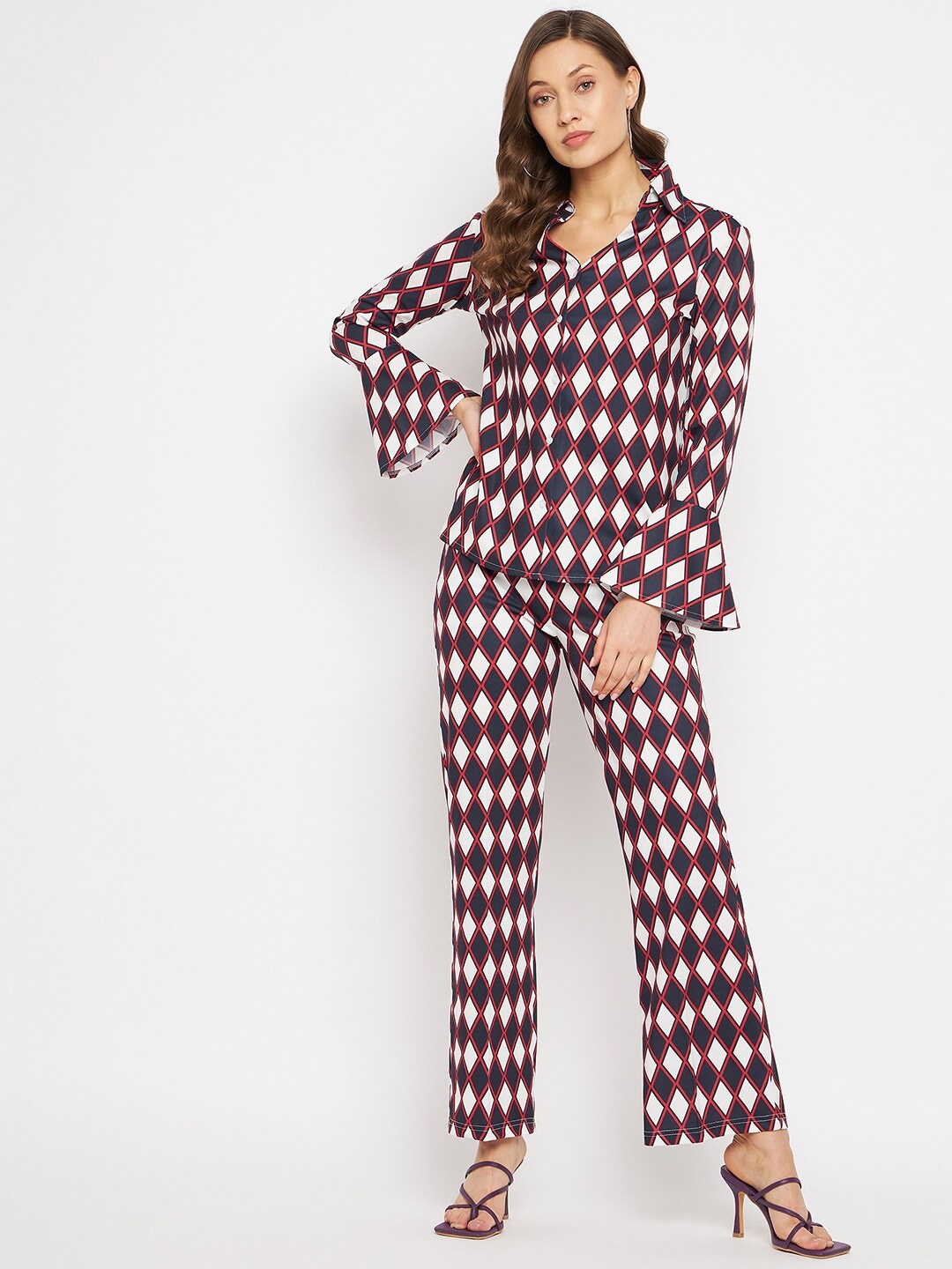 

Orchid Blues Checked Bell Sleeves Shirt with Trouser Co-Ord Set, Black