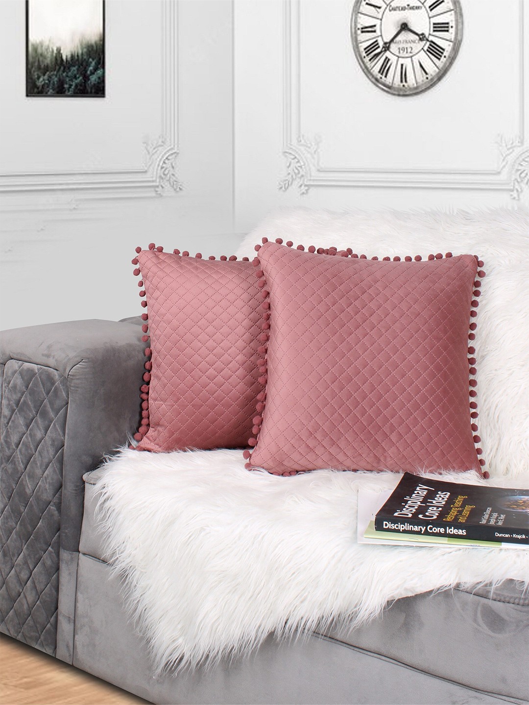 

STITCHNEST Peach-Coloured Set of 2 Velvet Square Cushion Covers