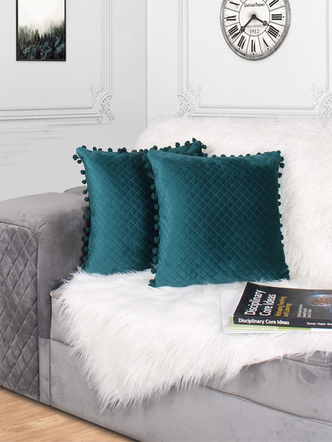 

STITCHNEST Green 2 Pieces Quilted Velvet Square Pom Pom Cushion Covers