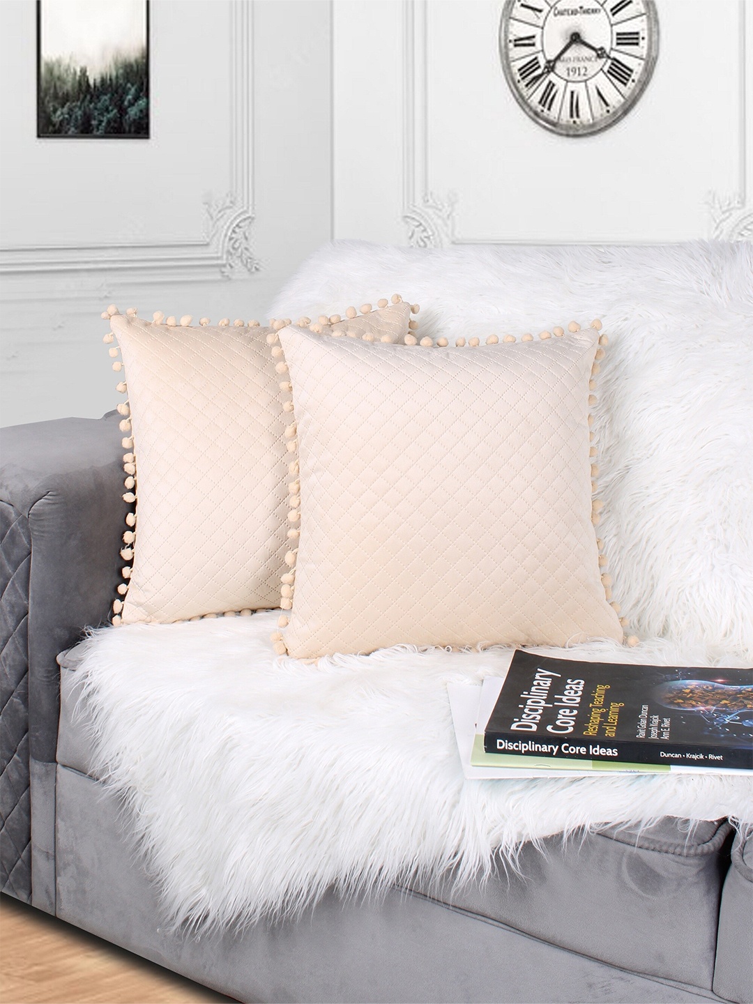 

STITCHNEST Beige 2 Pieces Quilted Velvet Square Pom Pom Cushion Covers
