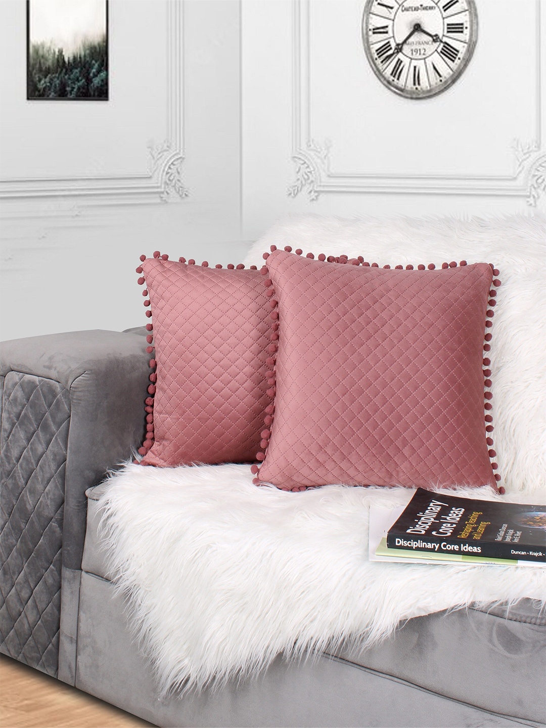 

STITCHNEST Peach-Coloured Set of 2 Velvet Square Cushion Covers