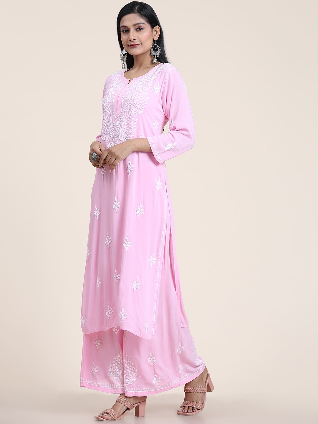 

HOUSE OF KARI Women Pink Ethnic Motifs Embroidered Chikankari Kurta with Palazzos