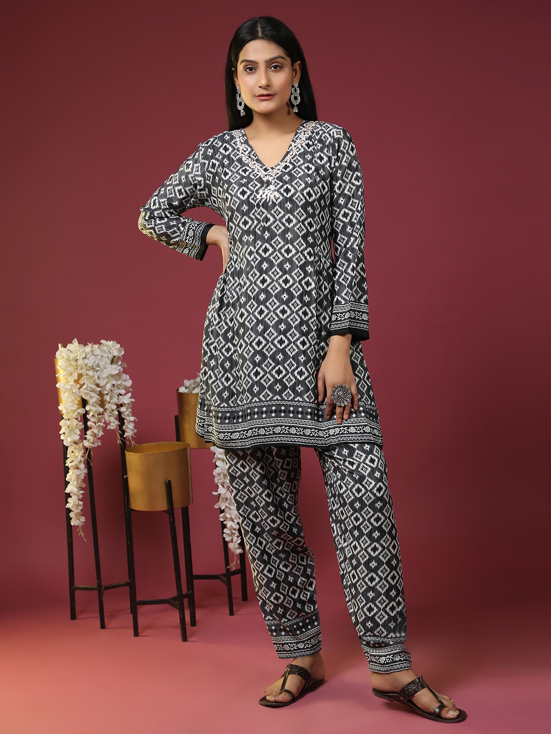 

HOUSE OF KARI Printed & Embroidered Pure Cotton Top & Trouser Set, Grey
