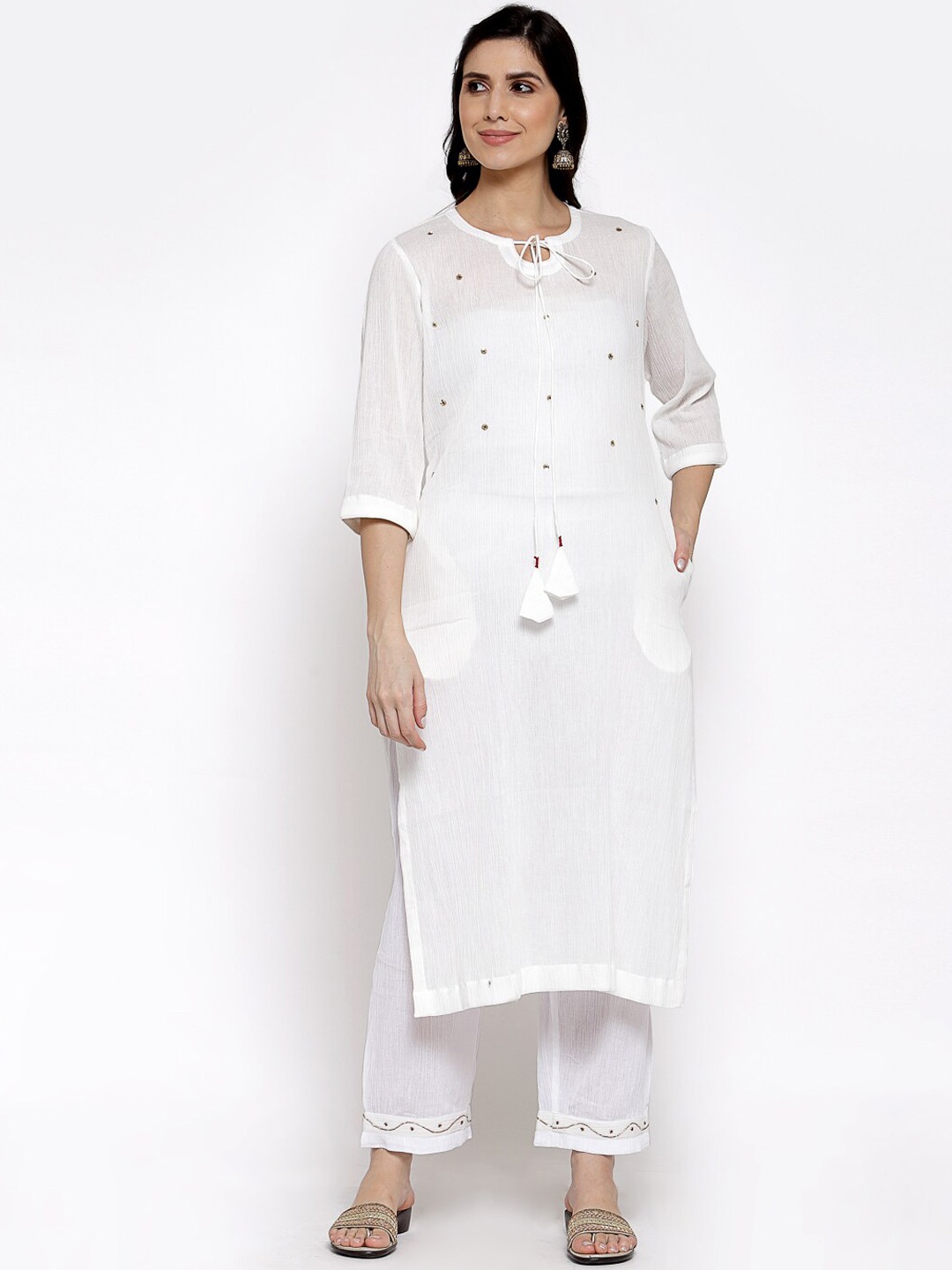 

DART STUDIO Sequinned Tie-Up Neck Semi Sheer Pure Cotton Straight Kurta with Palazzos, White