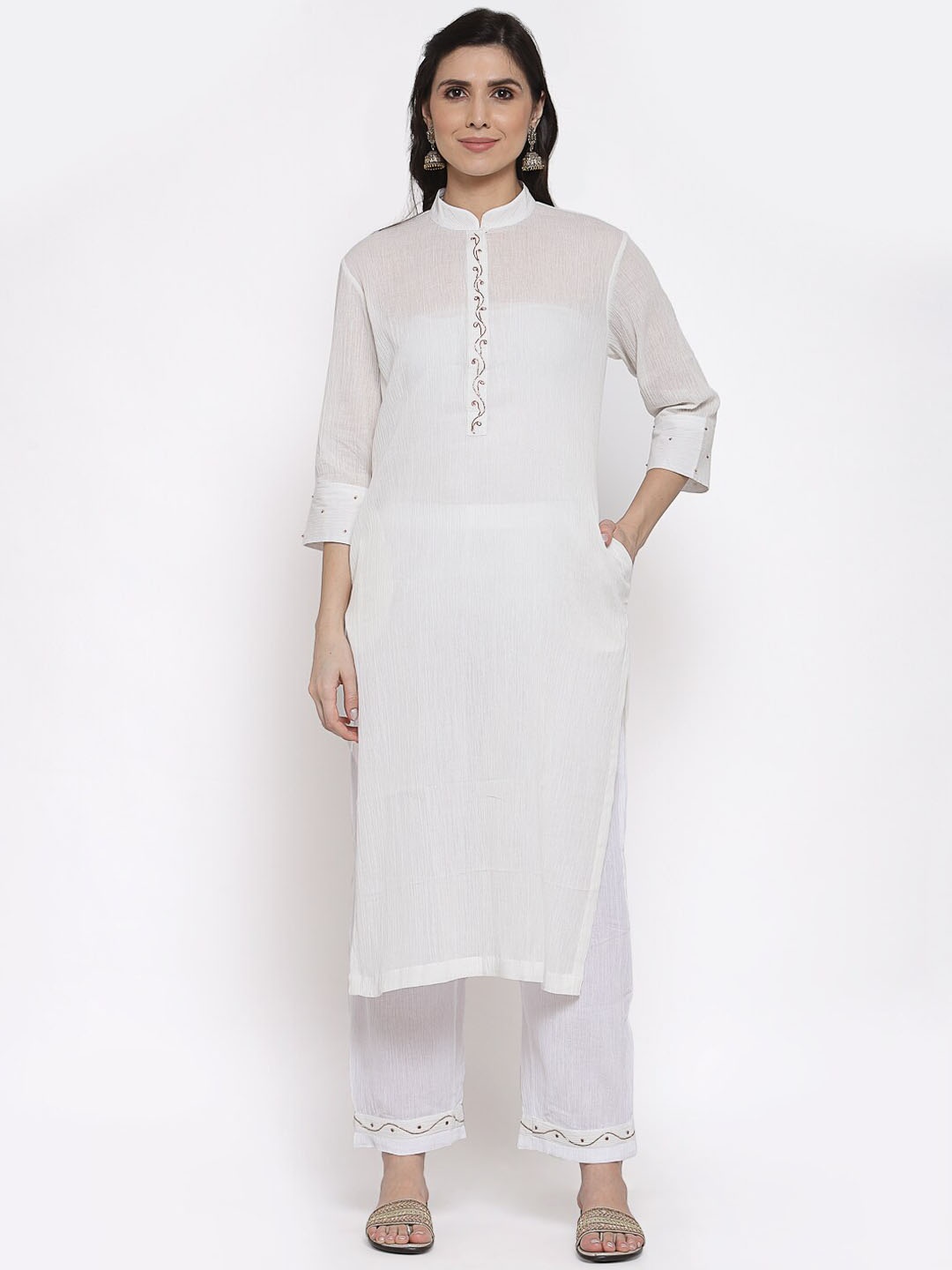 

DART STUDIO Mandarin Collar Zardozi Pure Cotton Kurta with Palazzos, White