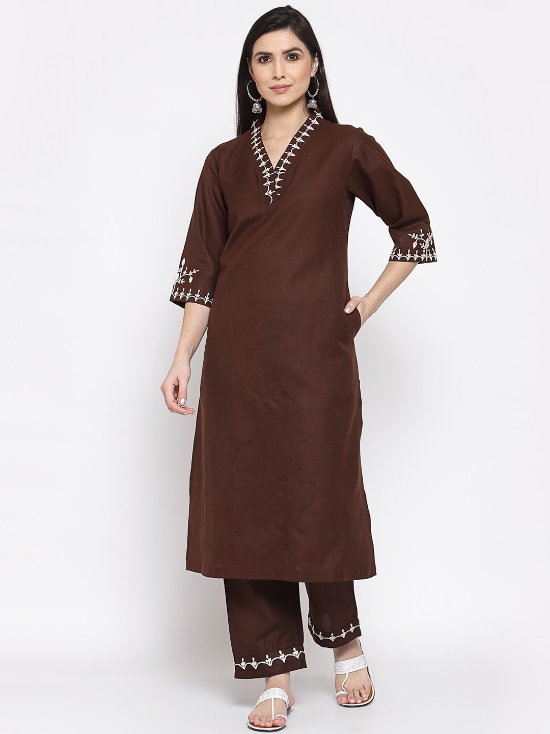 

DART STUDIO Ethnic Embroidered Shawl Collar Pure Cotton Straight Kurta with Palazzos, Brown