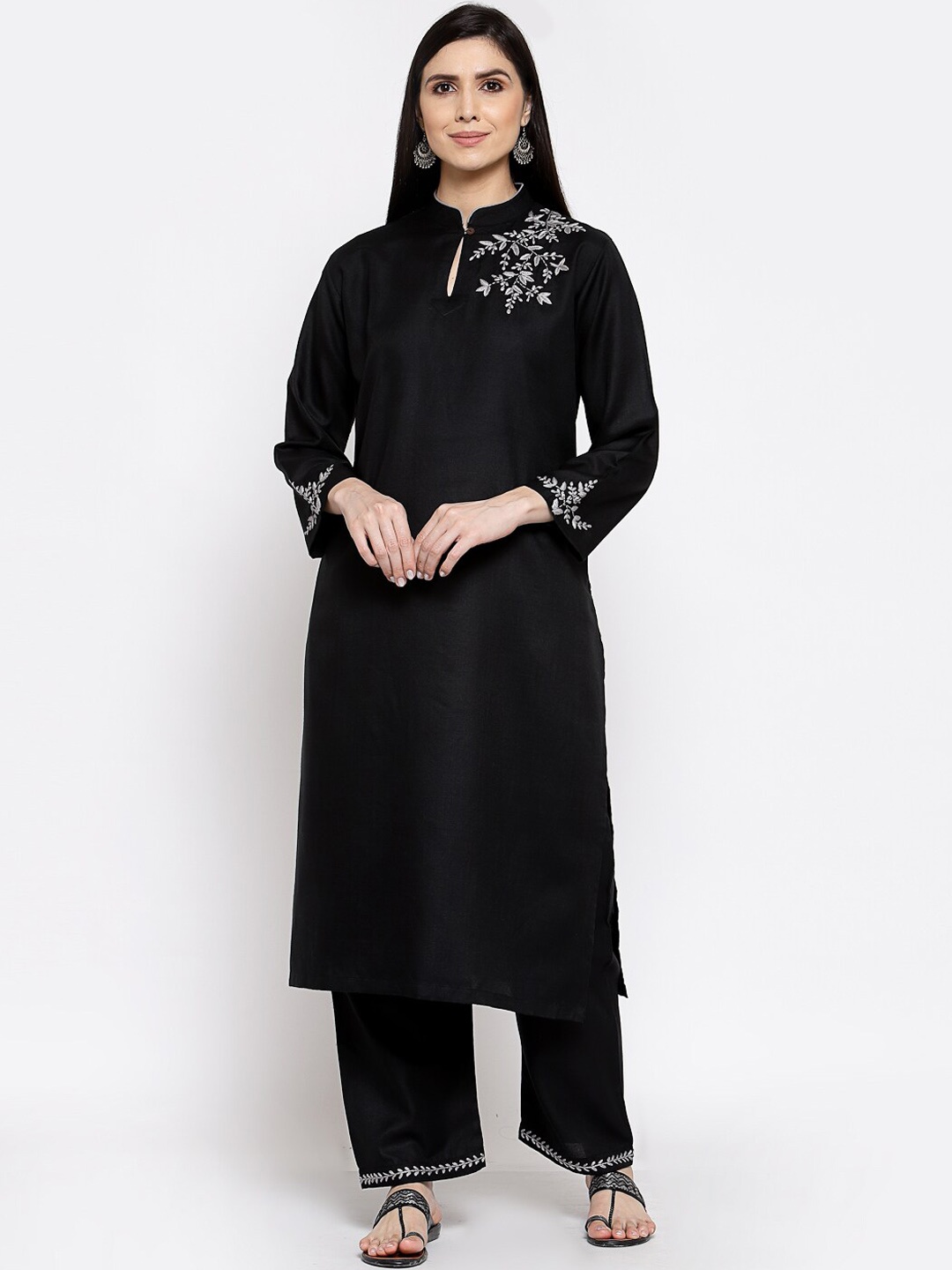 

DART STUDIO Floral Embroidered Straight Pure Cotton Kurta with Palazzos, Black