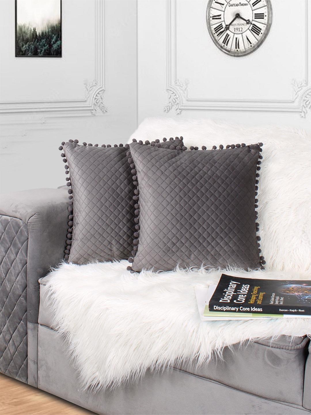 

STITCHNEST Grey Set of 2 Geometric Velvet Square Cushion Covers