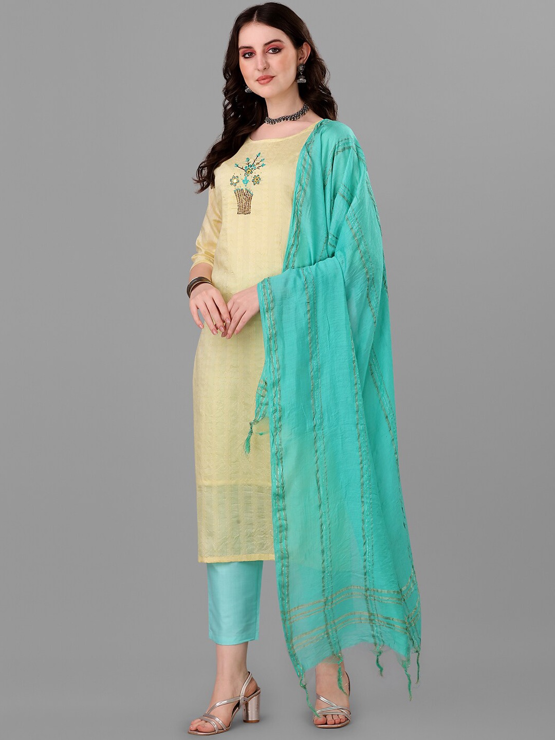 

Angroop Striped Thread Work Pure Cotton Kurta with Trousers & Dupatta, Cream