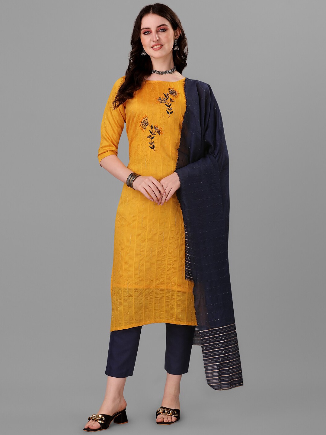 

Angroop Women Mustard Yellow Striped Kurta with Trousers & With Dupatta