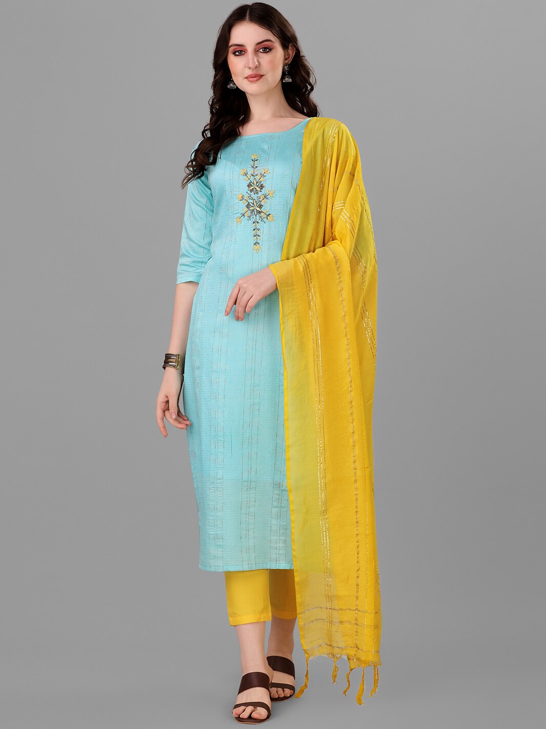 

Angroop Striped Thread Work Straight Kurta with Trousers & Dupatta, Blue