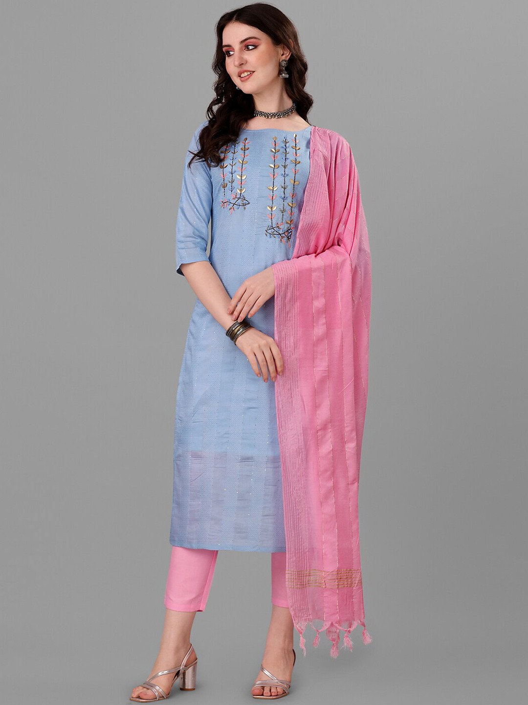 

Angroop Striped Thread Work Pure Cotton Kurta with Trousers & Dupatta, Blue