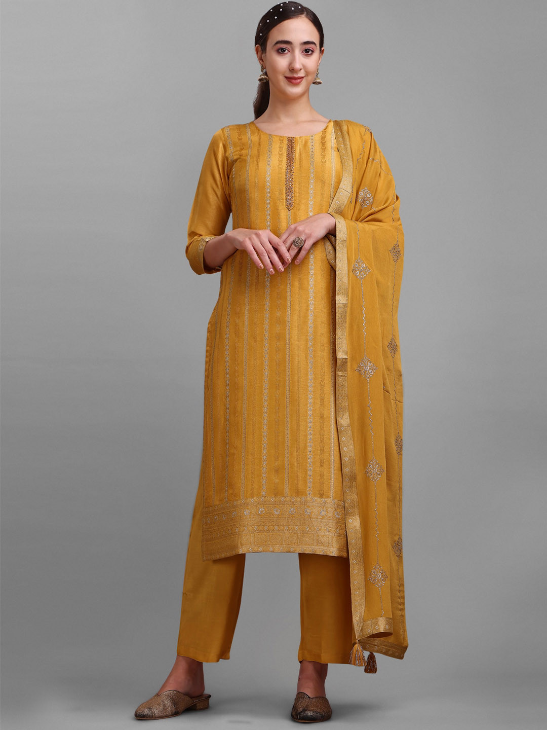 

Seerat Ethnic Motif Woven Design Zardozi Pure Silk Kurta with Trousers & Dupatta, Yellow
