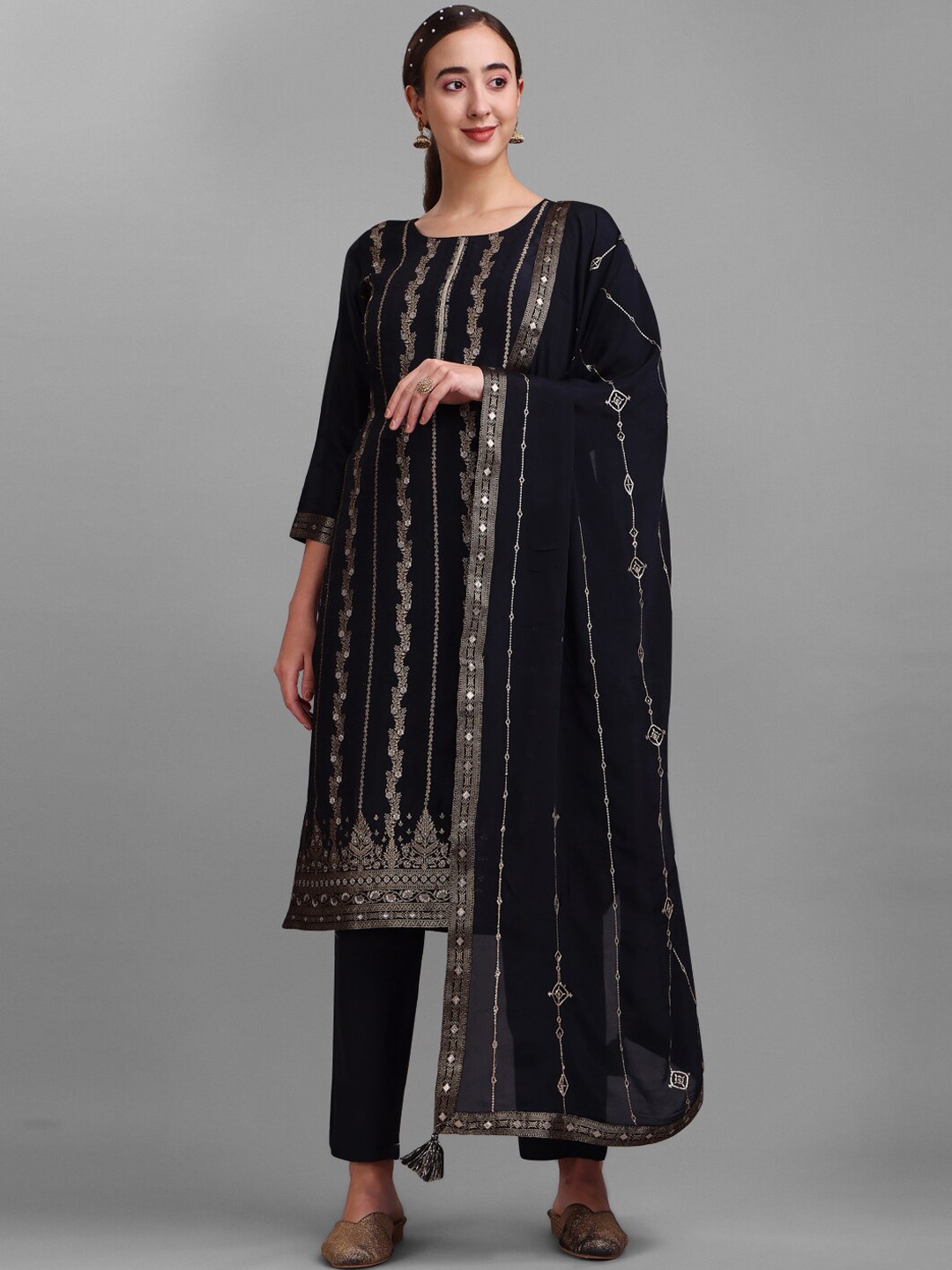 

Seerat Jacquard Top With Handwork With Sequins Work Chinon Dupatta With Trouser, Black