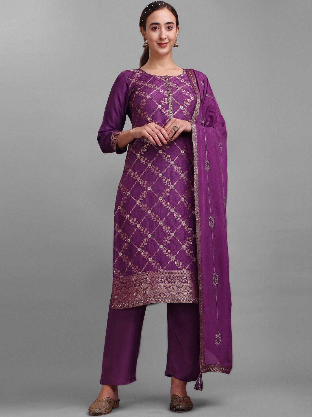 

Seerat Ethnic Motif Woven Design Zardozi Pure Silk Kurta with Trousers & Dupatta, Violet
