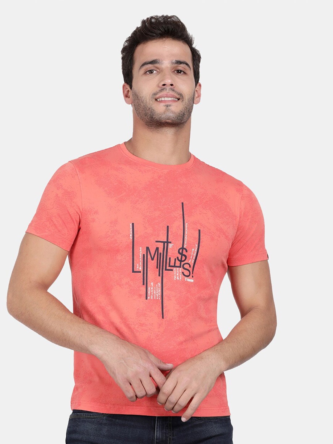 

t-base Typography Printed Cotton T-shirt, Orange