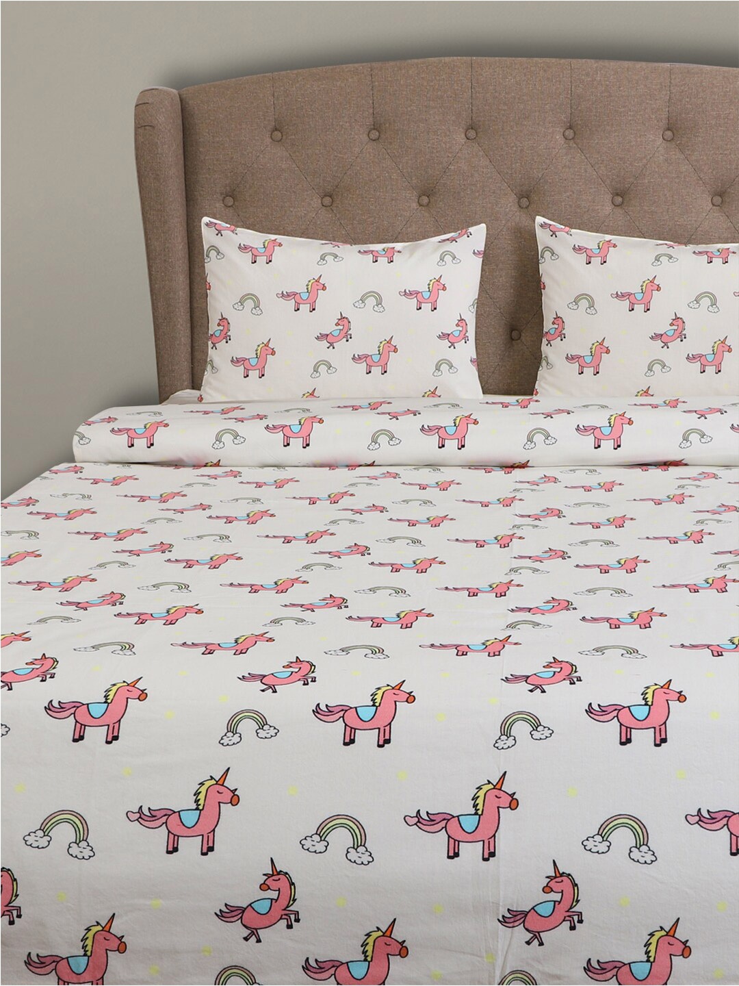 

Jamio Firati White & Pink Cartoon Characters 144 TC Single Bedsheet with 1 Pillow Covers