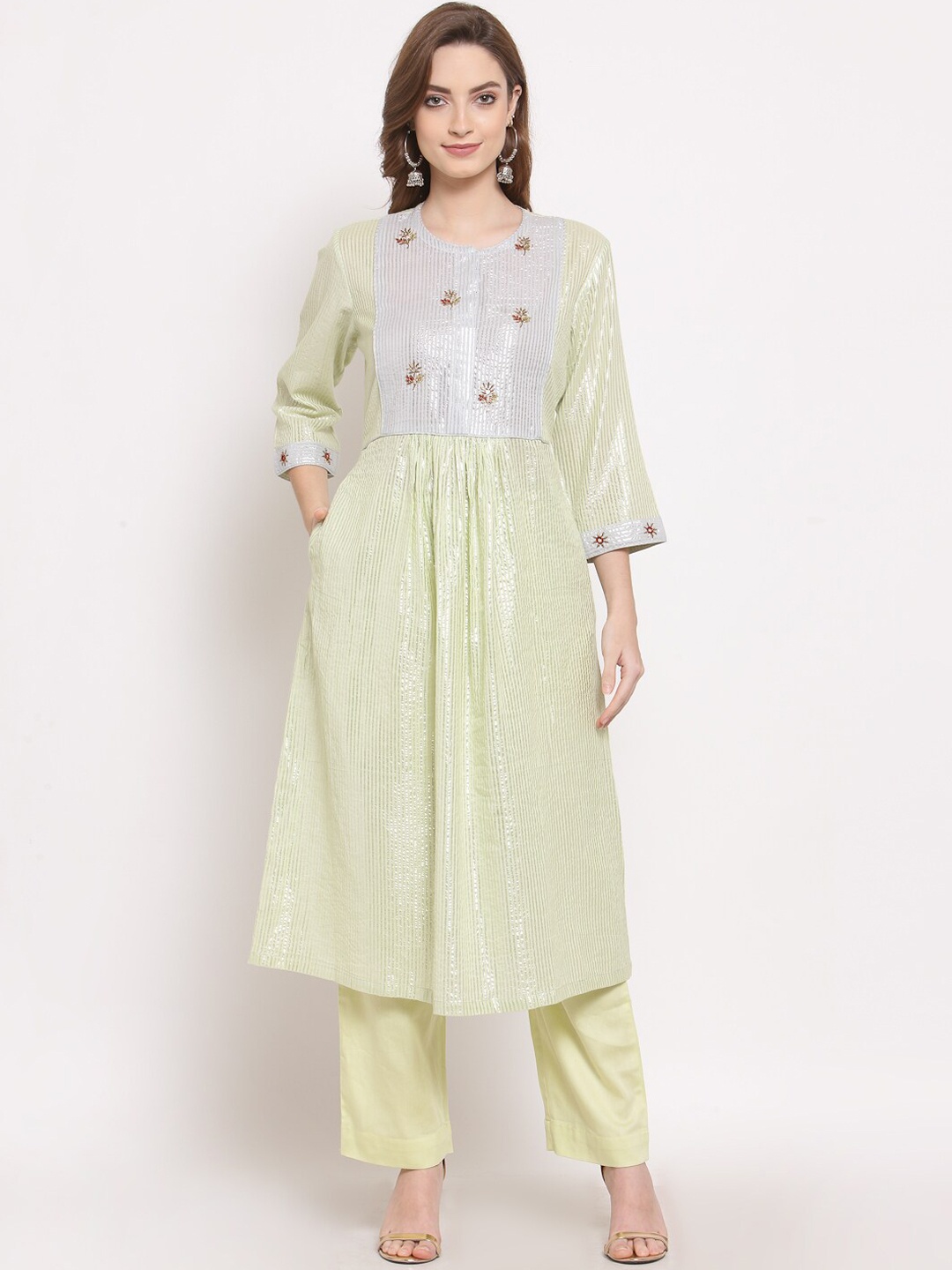 

DART STUDIO Pleated Striped Zardozi A-Line Pure Cotton Kurta with Trousers, Yellow