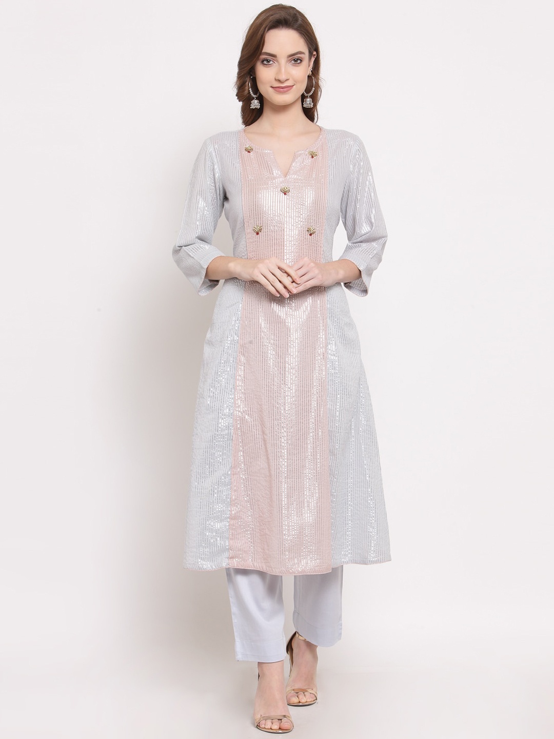 

DART STUDIO Striped Panelled Zardozi Pure Cotton A-Line Kurta with Trousers, Blue