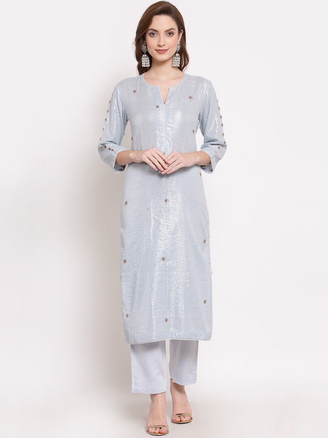 

DART STUDIO Striped Zari Detail Pure Cotton Straight Kurta with Trousers, Blue