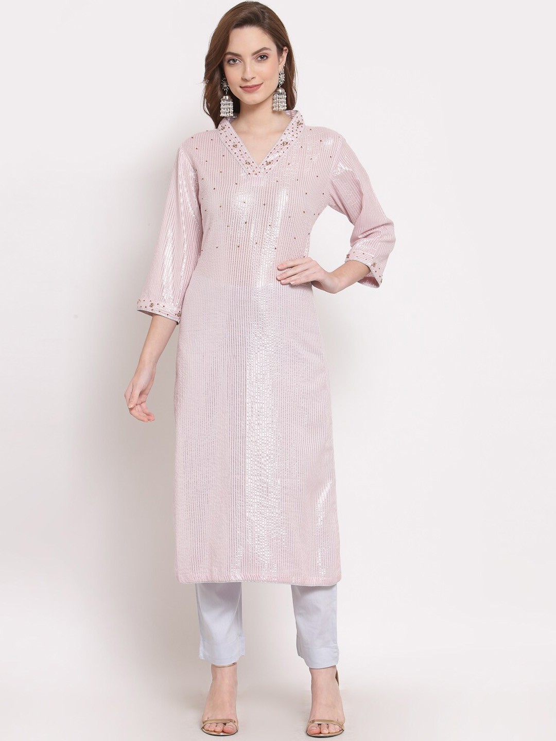 

DART STUDIO Striped Beads and Stones Pure Cotton Straight Kurta with Trousers, Pink