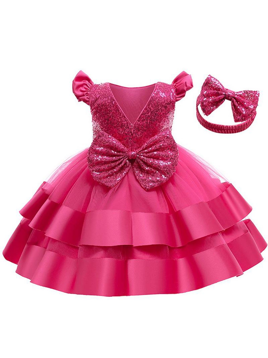 

R Cube Girls V-Neck Satin Bow Detail Fit and Flare Dress, Pink