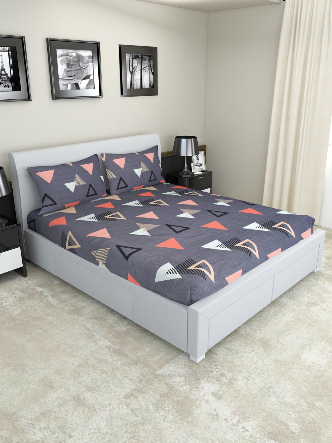 

Nendle Violet & Orange Geometric 210 TC Cotton Queen Bedsheet With 2 Pillow Covers
