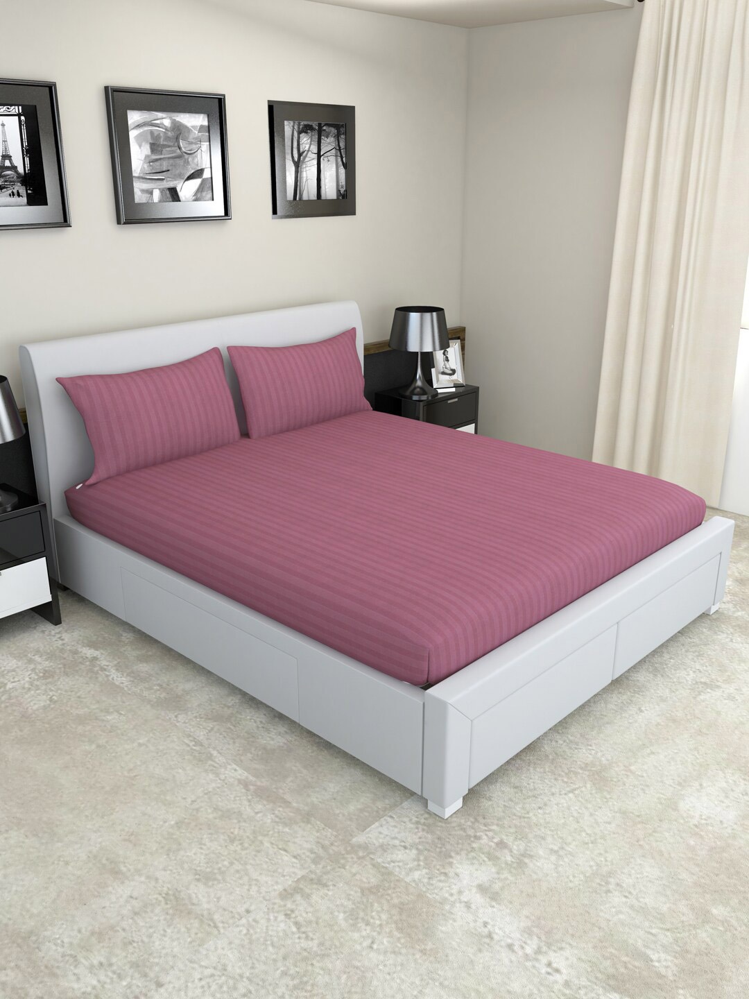 

Nendle Pink Striped 300 TC Queen Bedsheet with 2 Pillow Covers