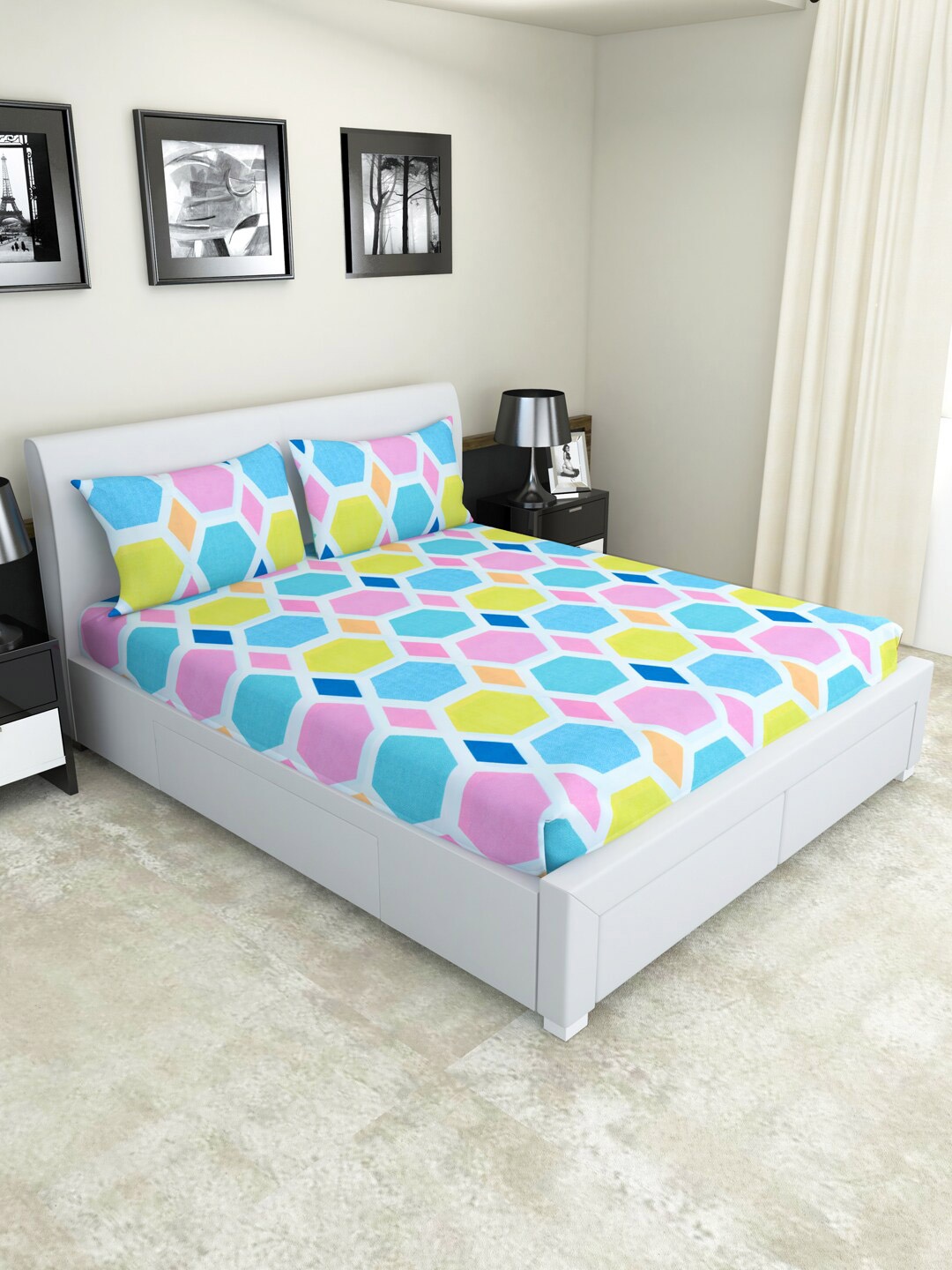 

Nendle Blue & Yellow Geometric 210 TC Cotton Queen Bedsheet With 2 Pillow Covers