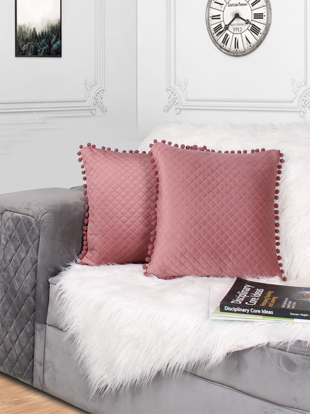 

STITCHNEST Peach-Coloured Set of 2 Velvet Square Cushion Covers