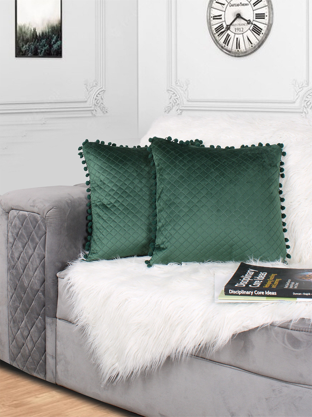 

STITCHNEST Green Set of 2 Velvet Square Cushion Covers