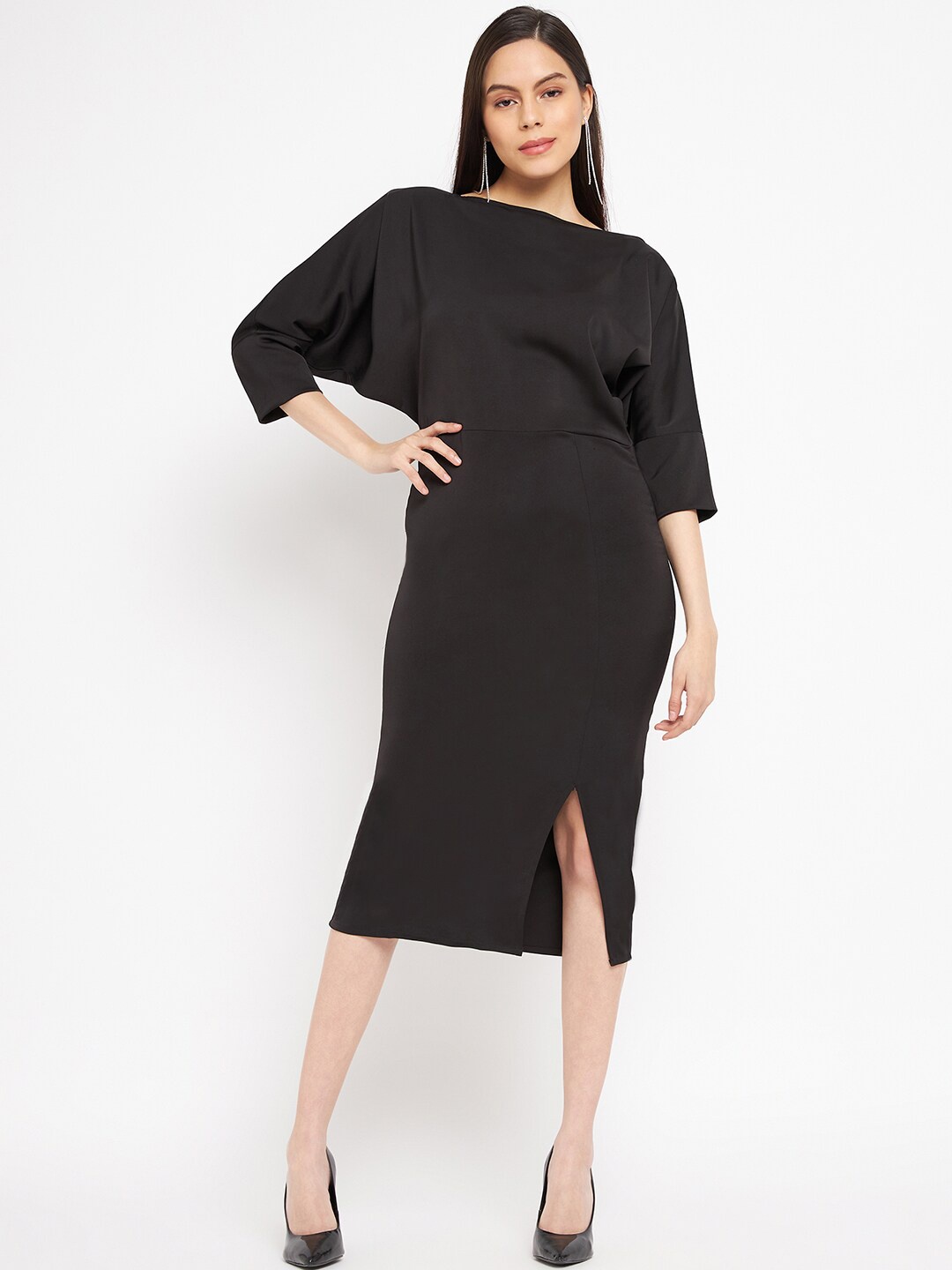 

Fashfun Boat Neck Extended Sleeves Satin Sheath Midi Dress, Black