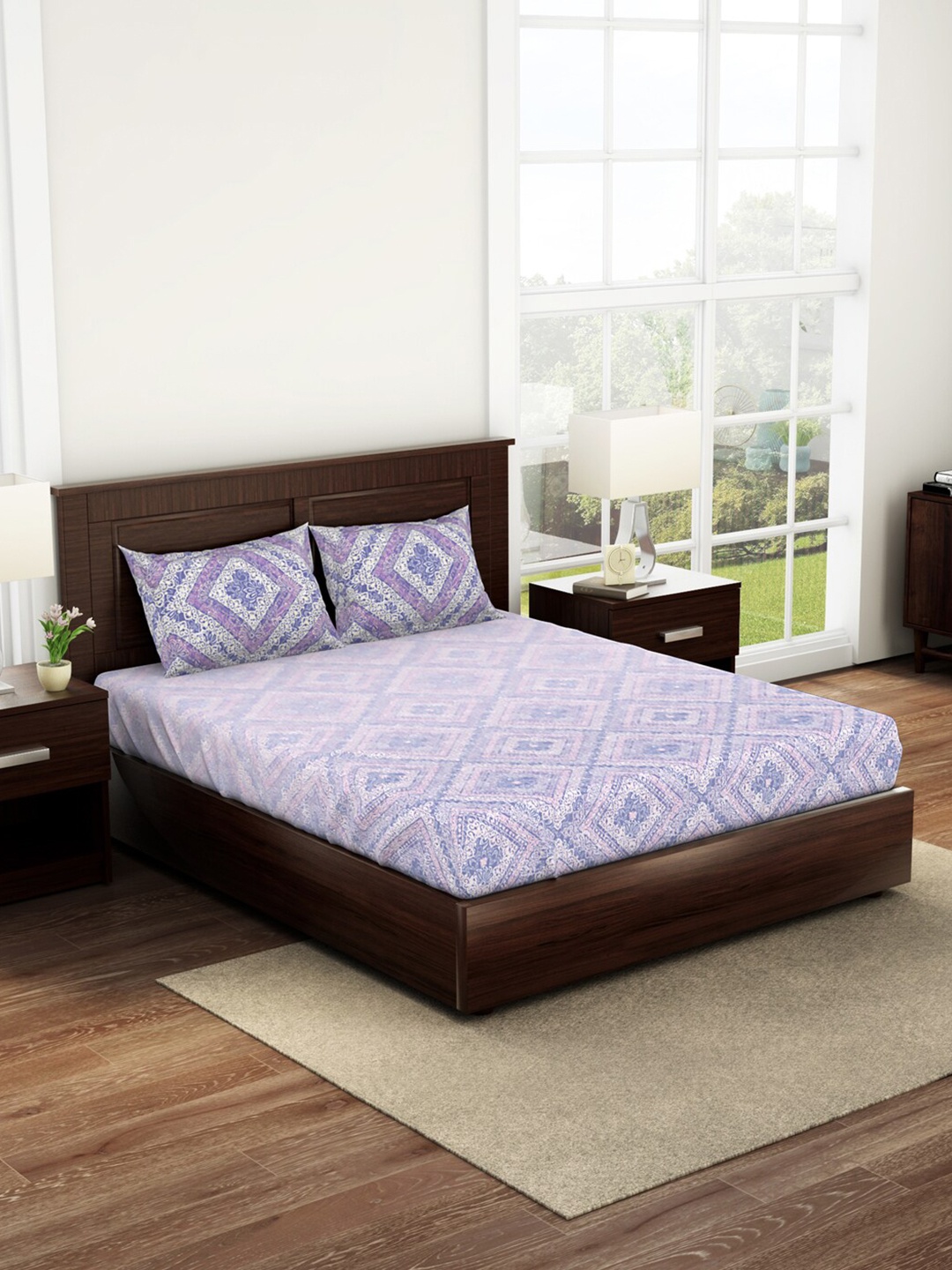 

SPACES Blue Ethnic Motifs Cotton 144 TC Queen Bedsheet With 2 Pillow Covers