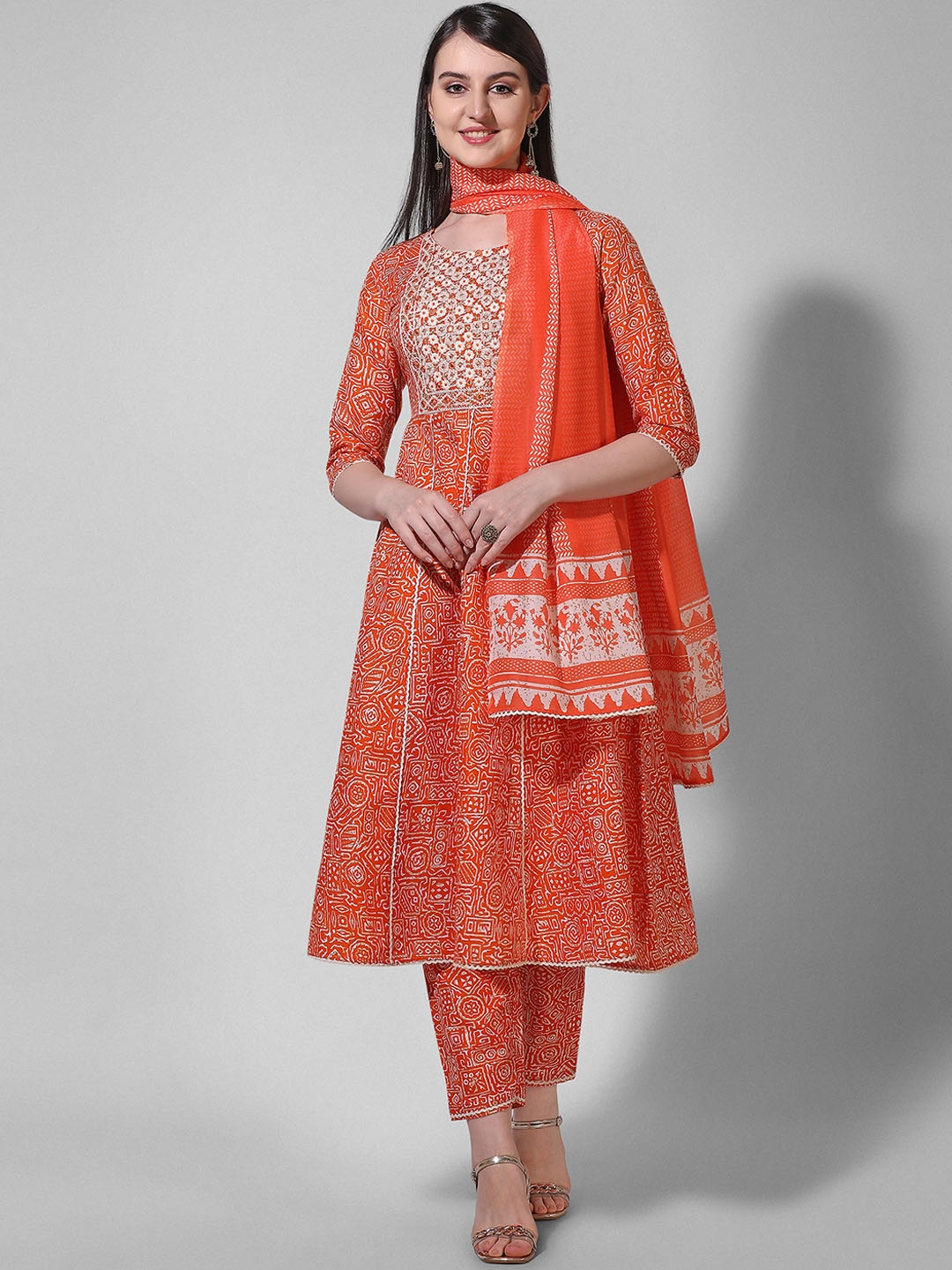 

Berrylicious Printed Panelled Anarkali Thread Work Kurta with Trousers & Dupatta, Orange