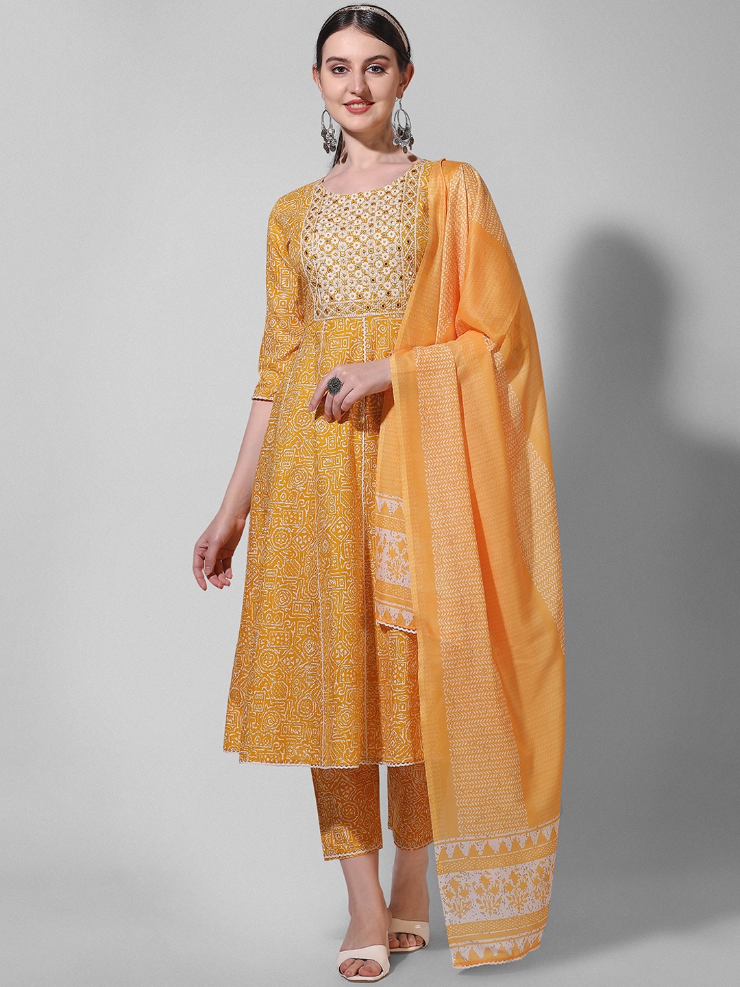 

Berrylicious Ethnic Motifs Printed Anarkali Mirror Work Kurta with Trousers & Dupatta, Mustard