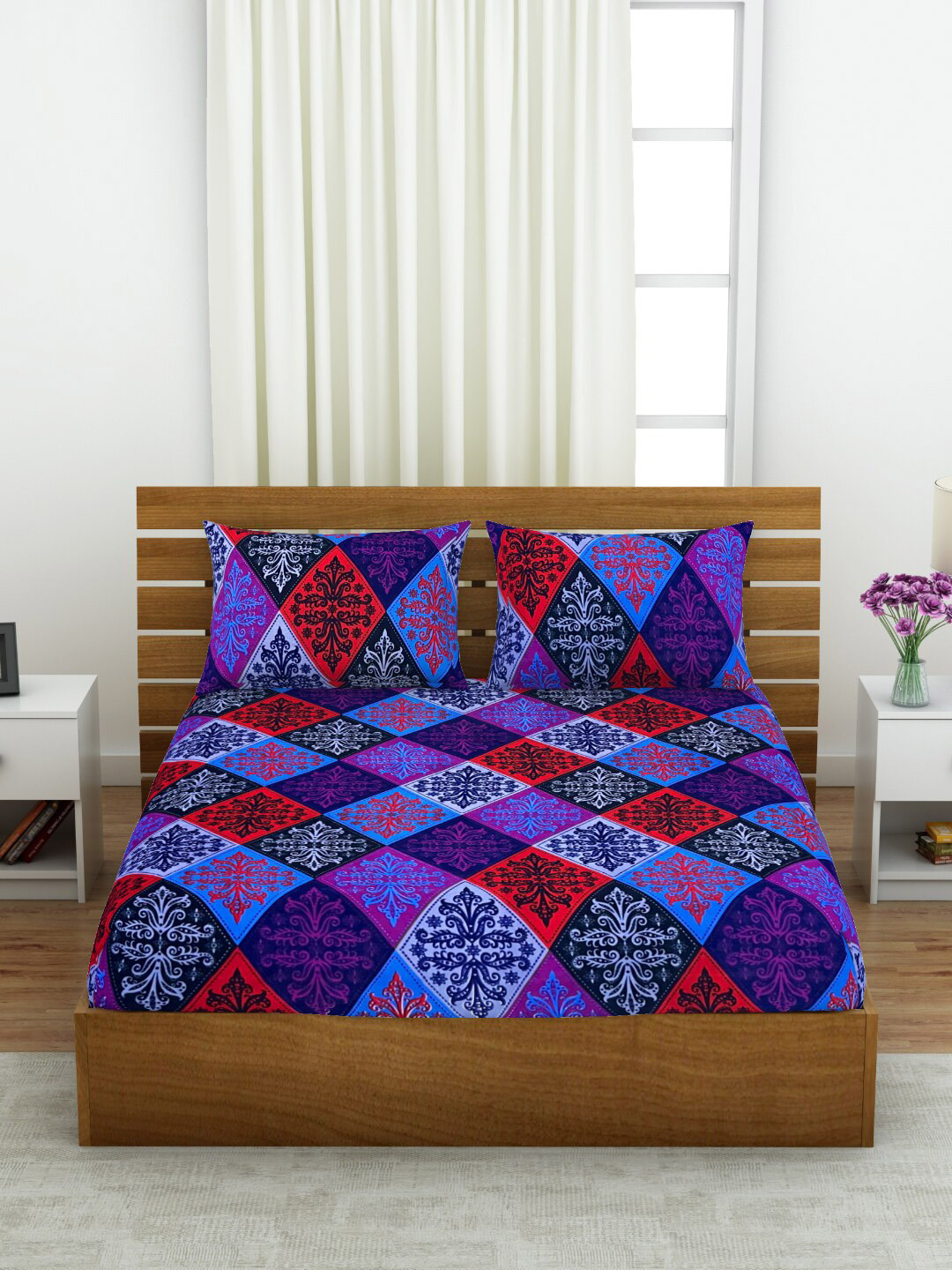 

Welspun Blue & Purple 144 TC Ethnic Motifs Cotton Queen Bedsheet with 2 Pillow Covers