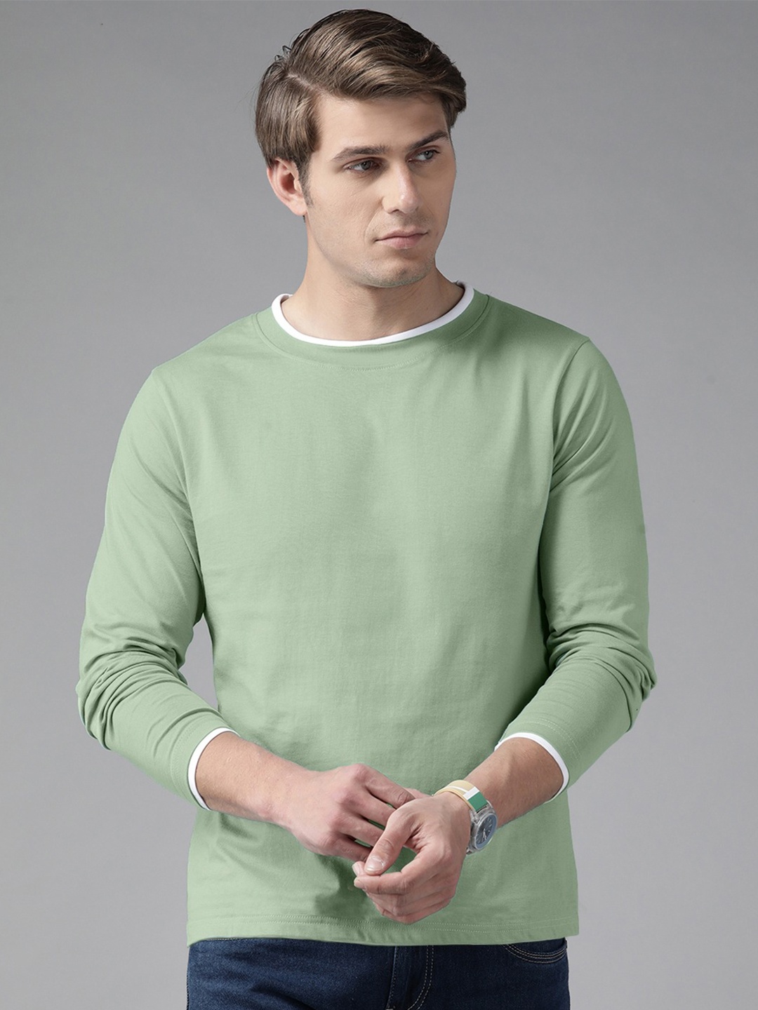 

The Dry State Round Neck Long Sleeves Cotton T-shirt, Green