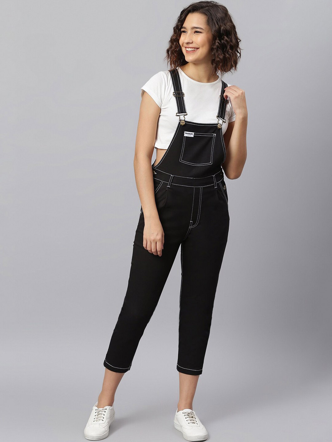 

FINSBURY LONDON Straight Leg Cotton Twill Dungaree, Black